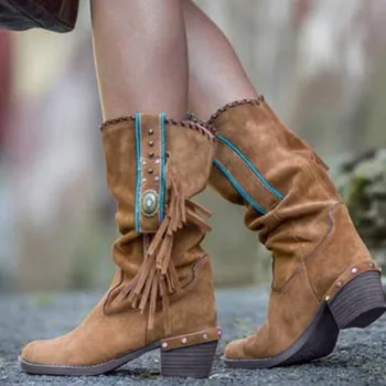 

boots Retro Women's Ladies High Quality Pu Leather Fringed Square Heels tassel Boots Casual Flock Shoes Mujer Invierno 2020