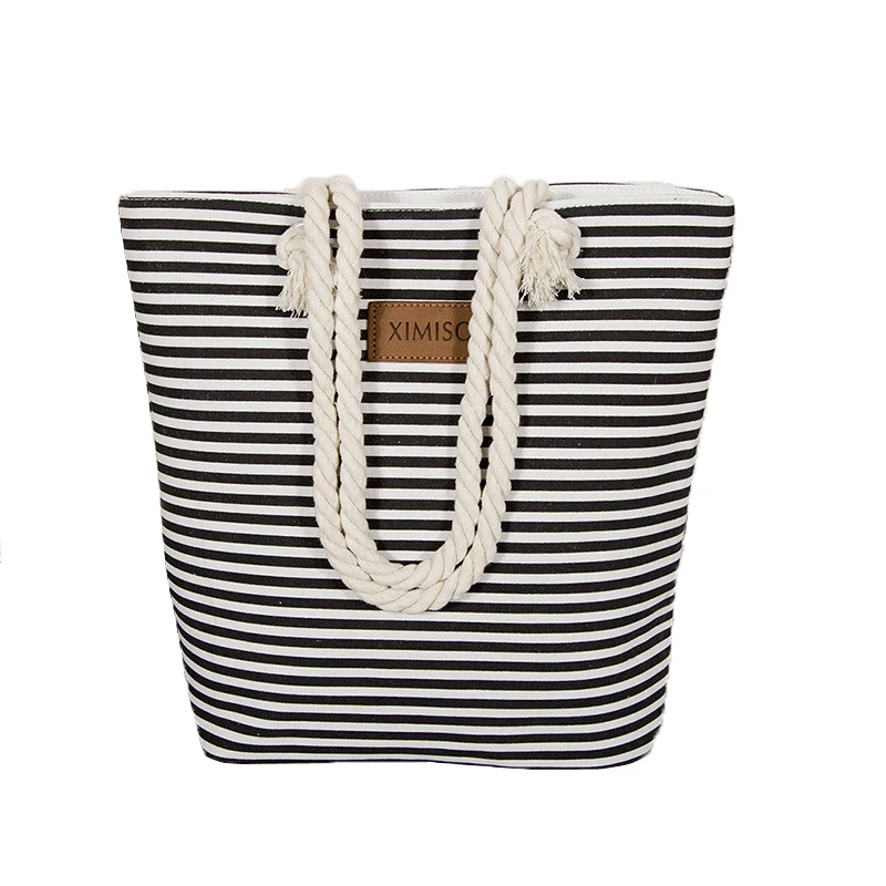 

Women Stripes Canvas Beach Bag Large Capacity Female Zipper Shoulder Ladies Polyester Totes Girl's Casual Fashion Bags