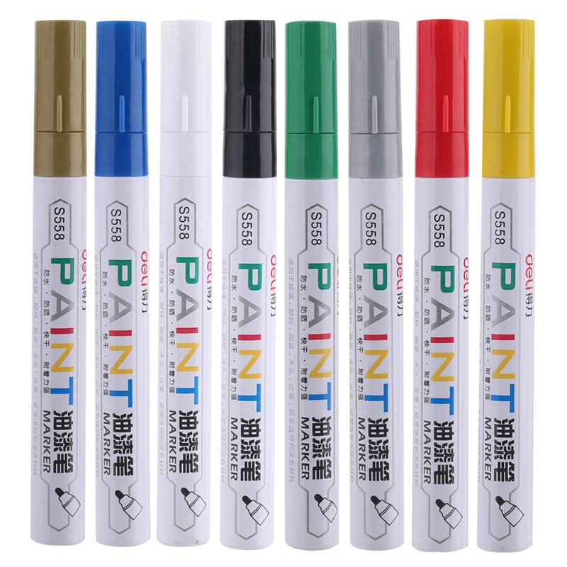 deli 8pcs/Box Oily Waterproof Car Tyre Tire Tread Rubber Metal Permanent Paint Marker Pen White Marker Set