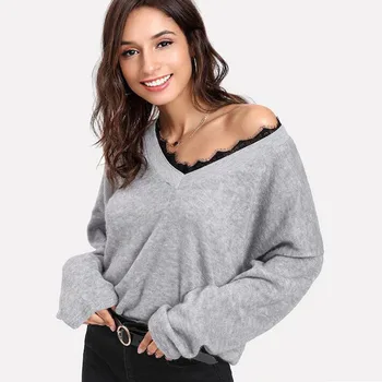 

New Lace Panel V-neck long-sleeved sweater in autumn and winter style is popular in Europe and America. Loose and relaxed long-s