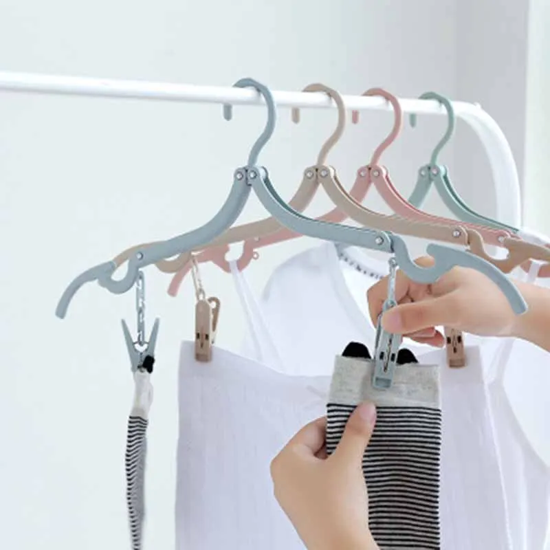 

5 PCS/Set Folding Telescopic Hanger Creative Storage Rack Wheat Straw Double Clip Travel Portable Hanger Space Saving Storage