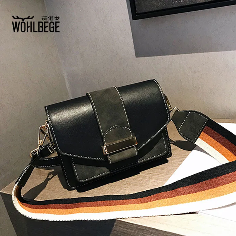 

Wohlbege Brand PU Leather Crossbody Bag Colorblock Wide Belt Fashion Flap Messenger Bags Belt Design Women Handbag Shoulder Bags