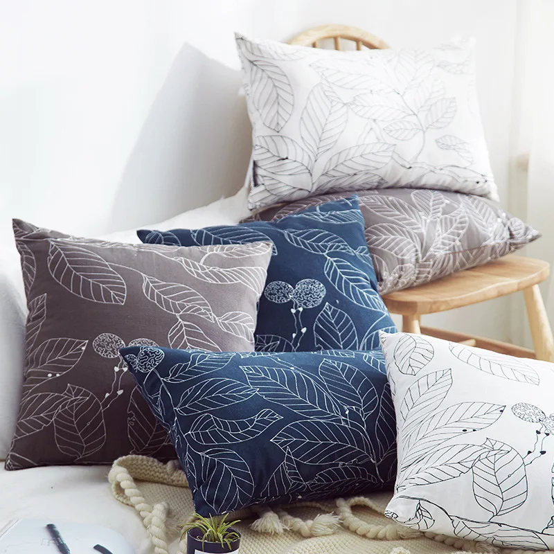 

High quality thickening home decorative cushion cover 45*45 35*55 leaf white brown blue pillow cover sofa chair seat pillowcase