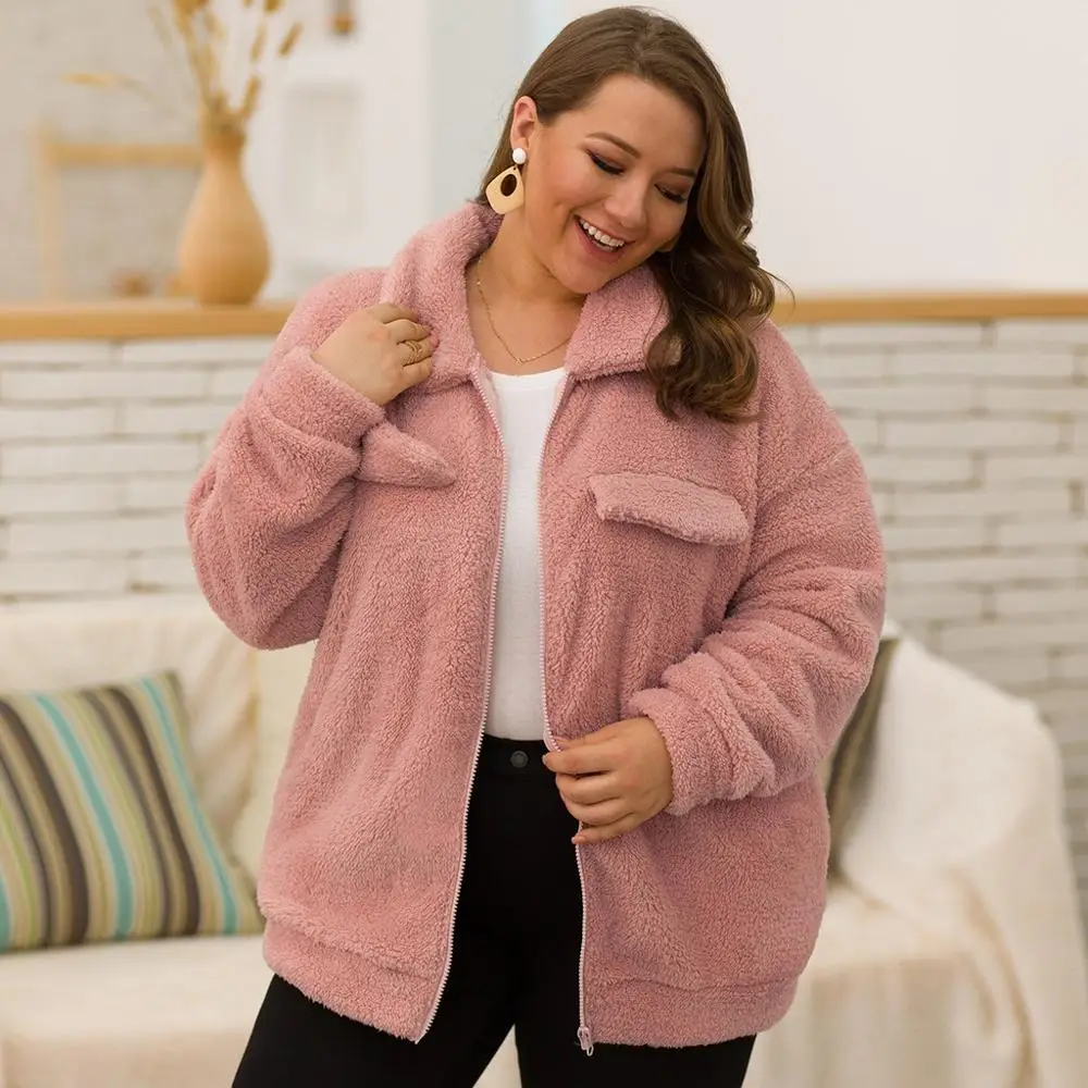 Плюшевое флисовое пальто размера плюс, Женское зимнее пушистое пальто, модное повседневное одноцветное Свободное пальто с отворотом из искусственного меха, шерстяное пальто для женщин