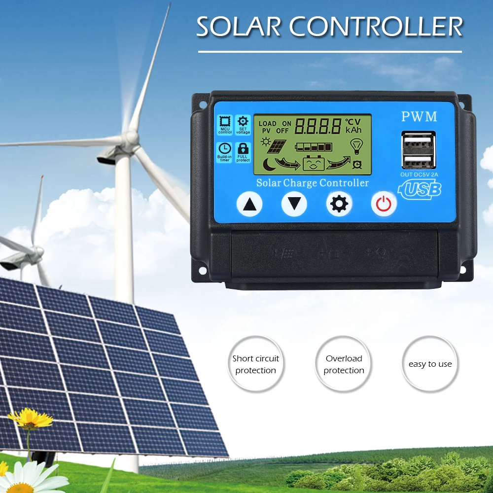 

10A/20A/30A Auto Solar Charge Controller Lithium PWM Controllers LCD Dual USB Output Solar Cell Panel PV Regulator