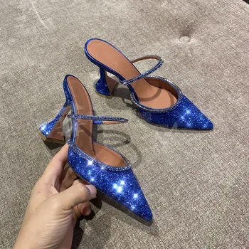 

2020 Summer Sexy Bling Sequins High Heels Women Slippers Shoes Runway Brand Crystal Pointed Toe Ladies Party Sandals Slides Shoe