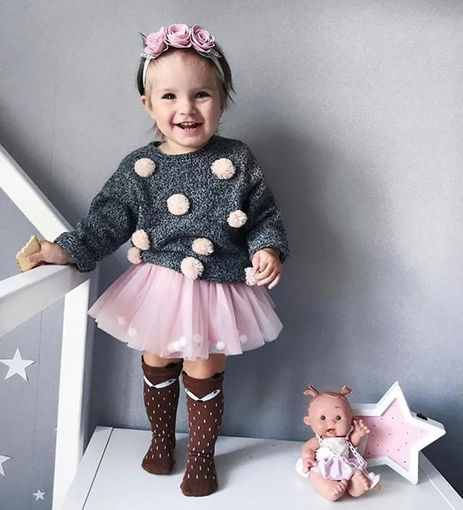 Эксклюзивная детская одежда для маленьких девочек из 2 предметов; сезон осень-зима вязаный свитер с помпонами Топы+ юбка-пачка; американские наряды