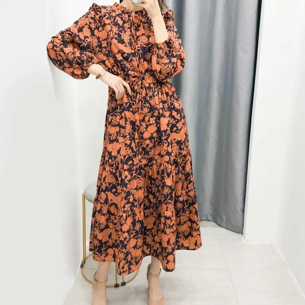 Koop Vrouwen elegante ruches kraag afdrukken shirtdress herfst lady agaric kant ruches vestidos lace up party een lijn Jurken DS3040