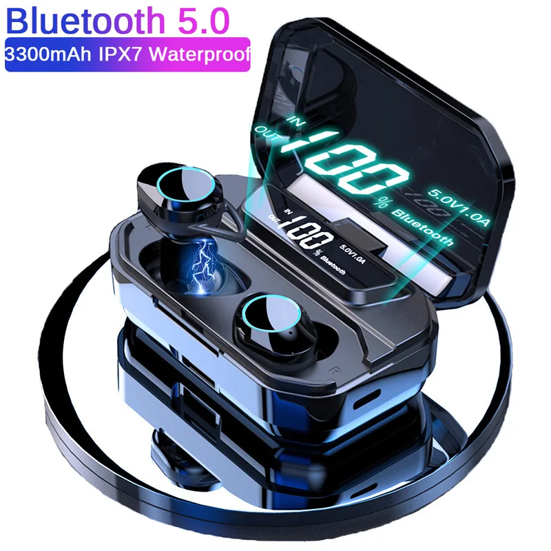 GO2 V5.0 Bluetooth стерео наушники беспроводные IPX7 водонепроницаемые сенсорные наушники гарнитура 3300 мАч светодиодный чехол с аккумулятором type-c