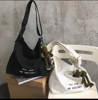 

Large Capacity Simple Canvas Bag INS Korean-style Shoulder Bag Japanese-style Solid Color Versatile Shoulder Bag Lettered Printe