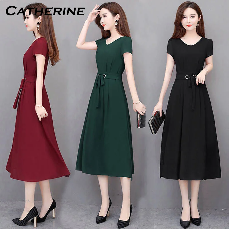 Elegant A-line V-neck Midi Dress Women Short Sleeves Simple Sexy Night Club Party Solid Female Office Casual Dress#J3 | Женская одежда