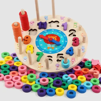 

Rainbow Digital Clock kindergarten supplies Learning Clock 0-12, Wooden clock cognitive learning education ring children's toys