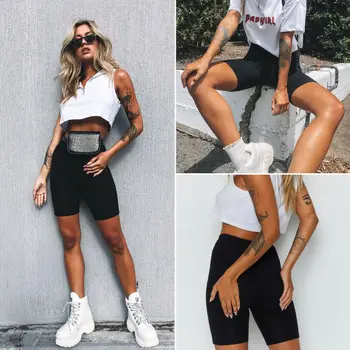

Imcute Brand Summer Women's Cycling Shorts Stretch Plain Casual Sports Fitness Ladies Elastic Waist Elastic Black Slim Shorts