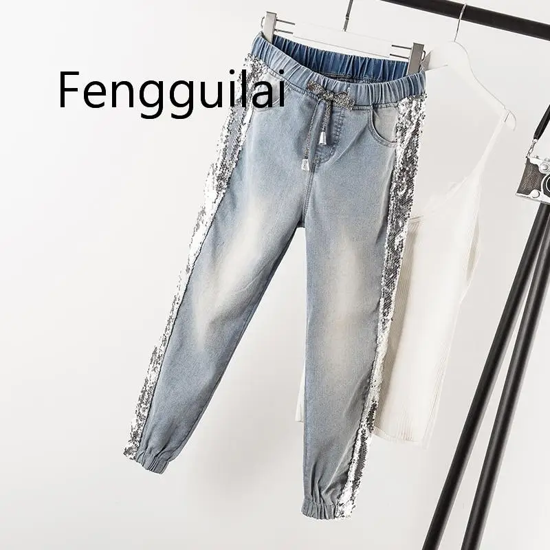 

FENGGUILAI 5xl Patchwork Sequined Jeans Women Washed Denim Trouser Jeans Female Elastic Waist Cargo Pants Side Striped Jeans