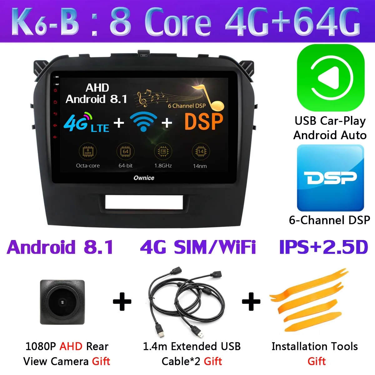 360 ° панорамный 4G LTE Android 9,0 4G+ 64G gps радио SPDIF DSP CarPlay автомобильный мультимедийный плеер для Suzuki Vitara- головное устройство - Цвет: K6-B-CarPlay