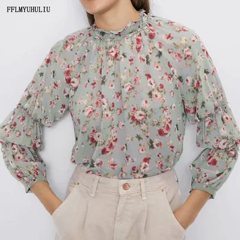 

Women's new floral print long-sleeved round neck lace autumn chiffon shirt