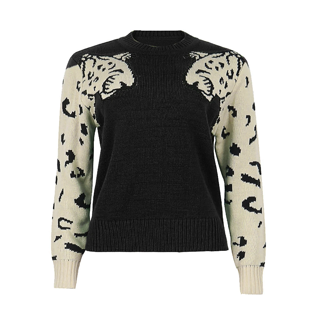 CHAMSGEND Women Patchwork Leopard Knitting Pullover Casual O-Neck Autumn Winter Thick Cashmere Tops Loose Sweater 1001