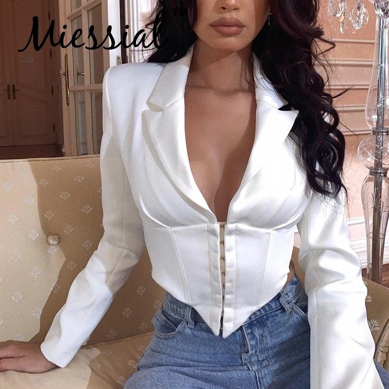 Miessial сексуальный винтажный белый Женский блейзер с v-образным вырезом
