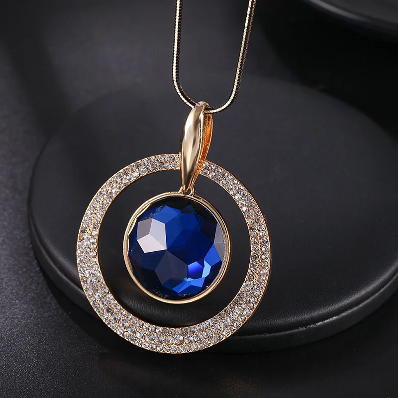Dark Blue Crystal Geometric Double Round Necklace For Women Trendy Long Dress Sweater Shopping Party Accessories | Украшения и