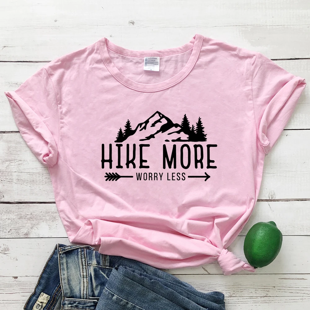 Hike More Worry Less T-shirt Casual Unisex Short Sleeve Graphic Hiking Outdoors Tees Tops Funny Women Summer Camping Tshirt