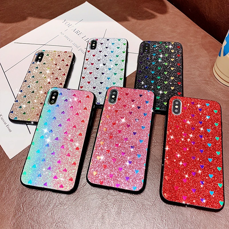 

Rainbow Love Heart Shining Sequins Glitter Phone Case For iPhone 11Pro Max Case XS MAX XR X 6 7 8Plus Shiny Bling Soft TPU Cover