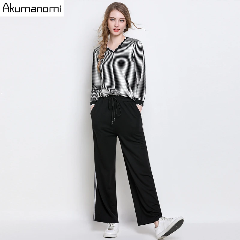 

2 Piece Set Women Autumn Plus Size 5xl-l Pants And Striped Pullover V-neck Tops Full Sleeve Trousers Two Piece Outfits Sweatsuit