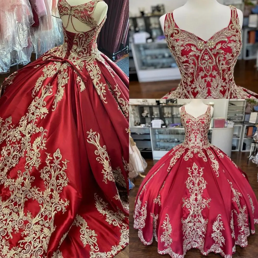 

Burgundy Satin vestidos de 15 años 2020 Embroidery Lace Applique Quinceanera Dress with Straps Sweet 15 Dress Long Prom Gown