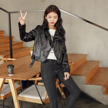 

Handsome Small Black Locomotive Short Loose Coat Woman All-match Thin Lapel Pu Leather Clothing