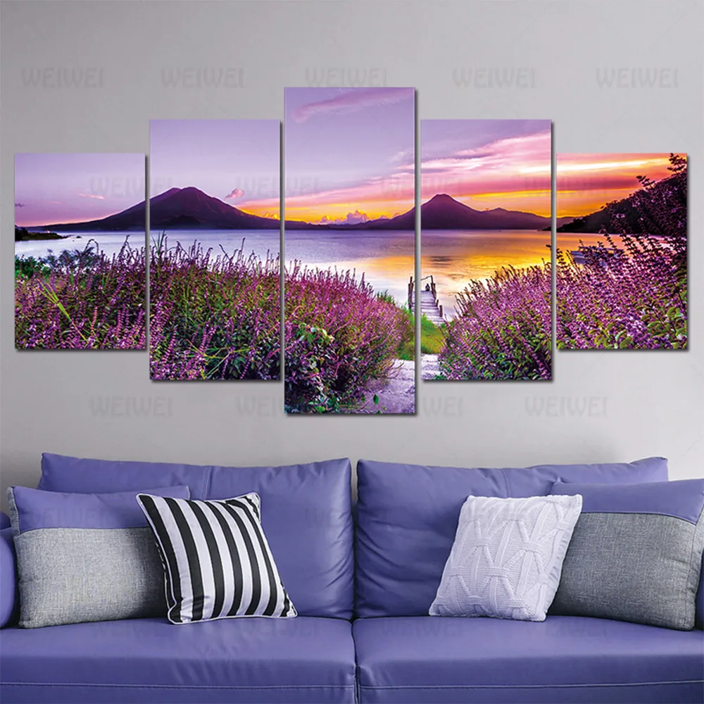 

Sea Poster Modern Picture Mural Wall Decor Artworks Modular Beautiful Landscape Lavender Flowers HD Prints 5 Pieces