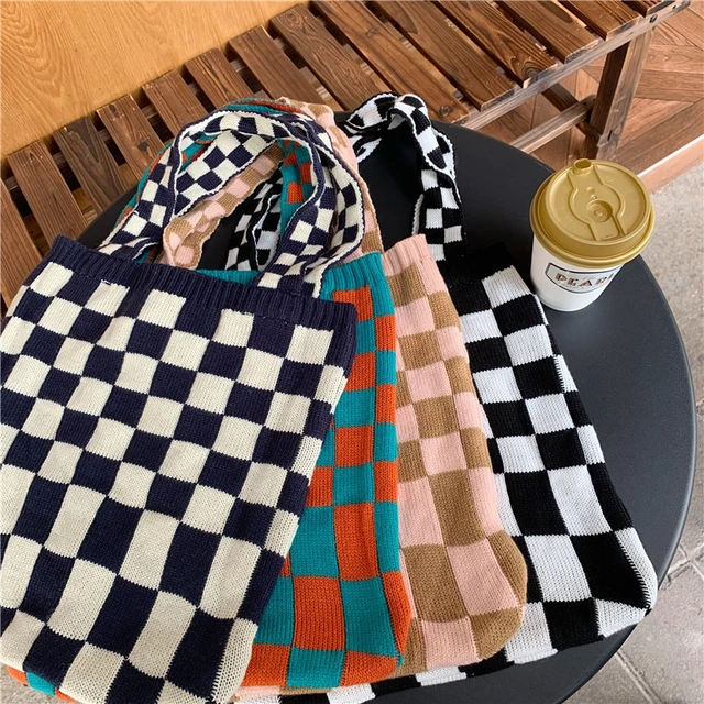 Checkered Knitted Tote Bag