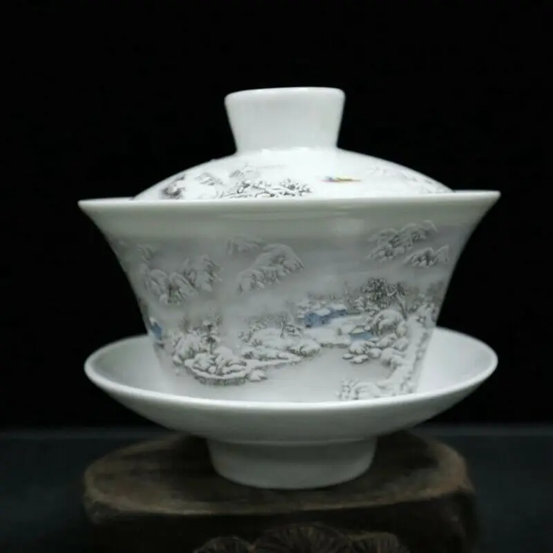 

Old Chinese powder color porcelain landscape pattern cover bowl teacup