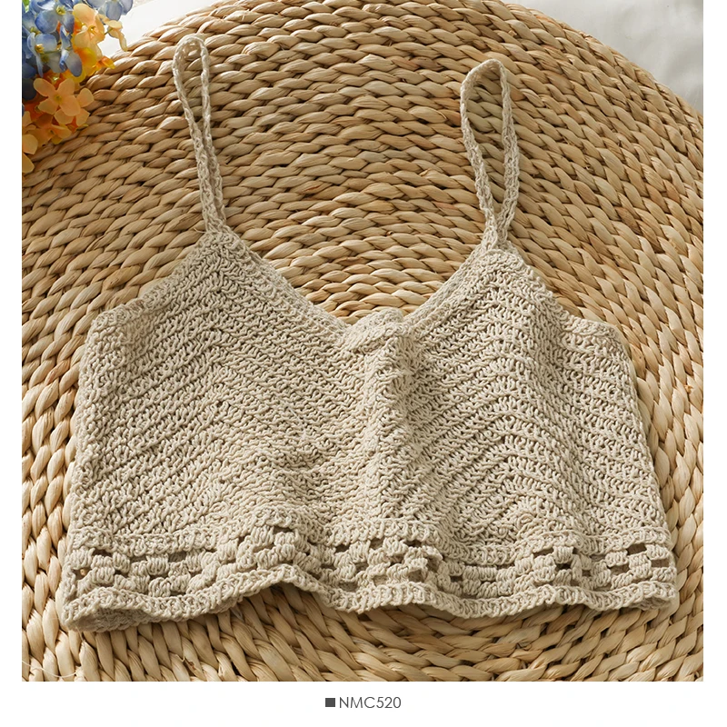 Pearl Diary Women Openwork Crochet Crop Tops Summer Spaghetti Strap V Neck Beach Cotton Backless Sexy Short Tops For Vacation women's bra