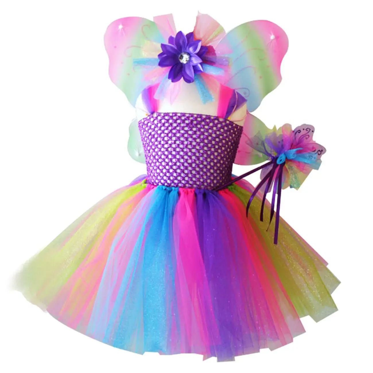 Платье-пачка для маленьких девочек; Детские радужные платья для выступлений; детская одежда для дня рождения; милая разноцветная летняя одежда с крыльями