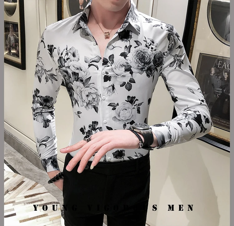 Chemise homme мода Осень Зима Толстая теплая рубашка мужская с длинным рукавом цифровая печать уличная рубашка с цветочным принтом смокинг для мужчин 3XL-M