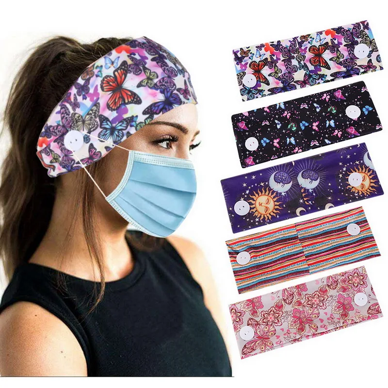 

Women Sport Stretchy Button Headband Boho Fashion Print Headwrap Protect Ears Face Mask Holder Printed Turban Hair Accessories