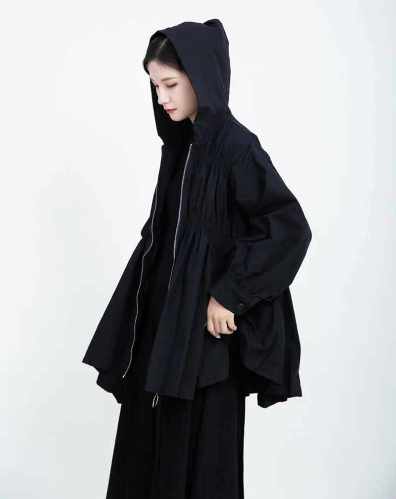 [EAM] Свободная черная плиссированная куртка с разрезом большого размера, новая женская куртка с капюшоном и длинным рукавом, модное пальто, Осень-зима, 1K174