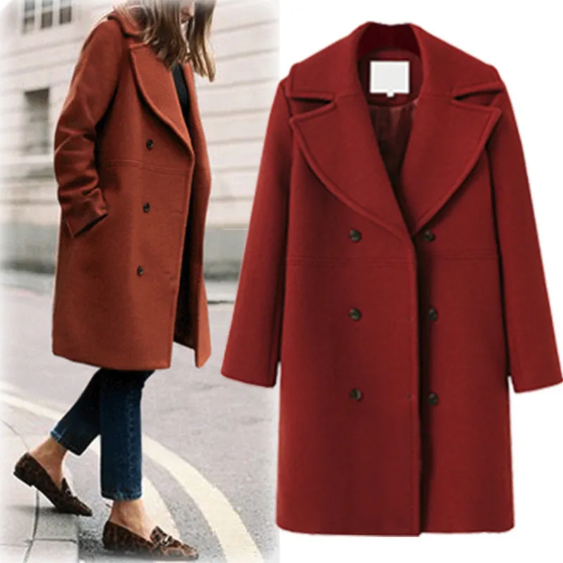 

Casual Women Woolen Coat 2020 Autumn Winter Fashion Double Breasted Thick Trench Coat Female Outerwear Long Sleeve Wool Jacket