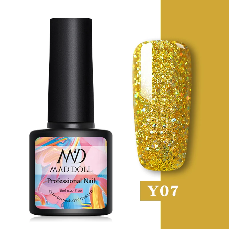 Y07 MAD DOLL, 8 мл, Гель-лак для ногтей, блестящий гель, голографический, цветной, один удар, замочить от УФ-геля, лак, долговечный, дизайн ногтей, гель - Цвет: Y07