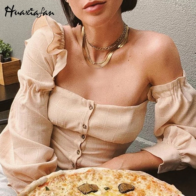 Женская блузка с открытыми плечами Huaxiafan винтажная однотонная оборками длинными