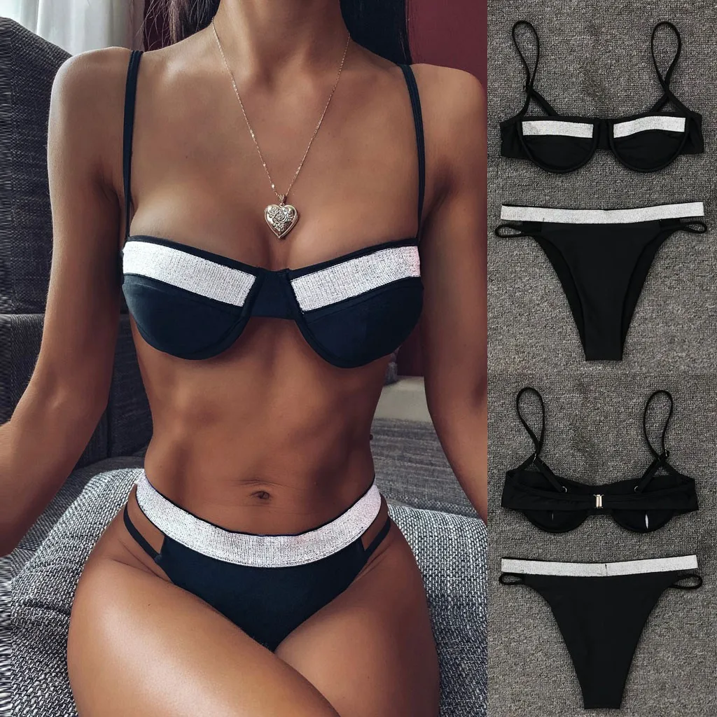 

Ladies Sexy Bikini Sets Swimsuit One Piece Patchwork Sequins Strappy Bikini Two Piece Swimwear Bikini Push Up RembourrDPY3