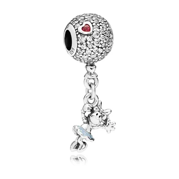 

NEW 925 Sterling Silver Floating Minnie Dangle Charm Clear CZ & Light Blue Ename Fit pandora bracelet Minnie charm DIY jewelry