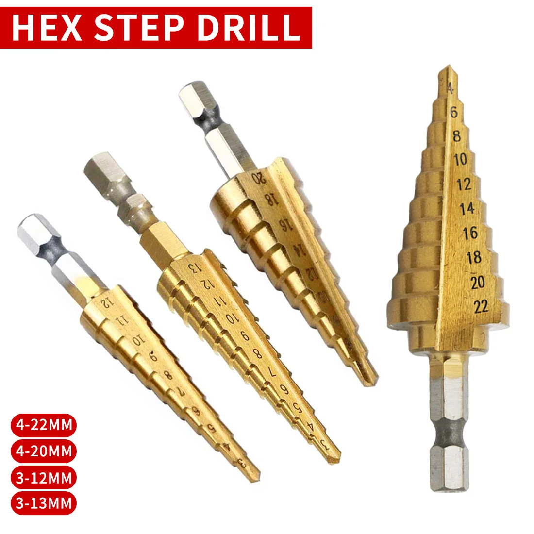 

Hex Titanium Step Cone Drill Bit Hole Cutter 3-12/13mm 4-20/22mm HSS 4241 For Sheet Metal Steel Wood Metal