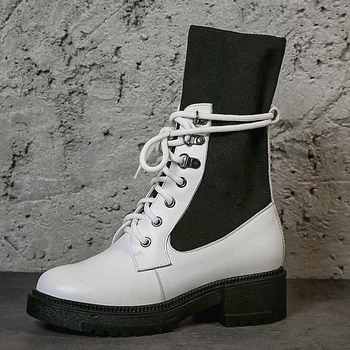 

Brand motorcycle boots women's knight boots cow leather metal rivets artist design round toe thick heels stretch mid calf boots