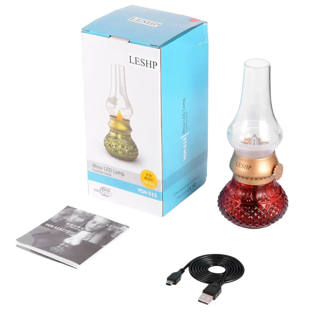 Retro Blow USB Rechargeable Blowing Control Adjustable Brightness LED Nightlight Table Lamp for Indoor& Outdoor