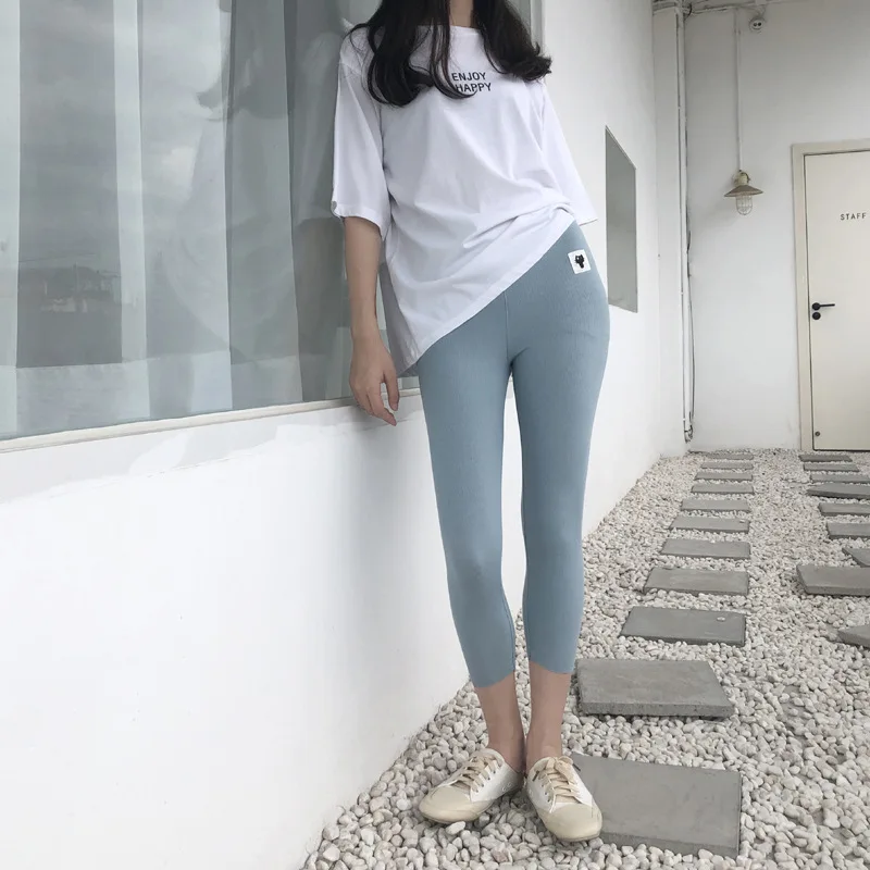 Skinny Solid Color Cropped Trousers Cat Pattern Super Soft Outdoor Leisure Sports Pants For Women Cotton Leggings F5A137
