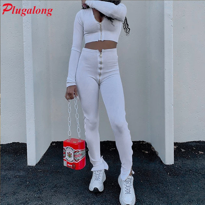 

Plugalong Bodycon Sport Suits Women'S Tracksuit Set Zipper Up Sexy Two Piece Outfits For Women Long Sleeve Tops And Pants Autumn