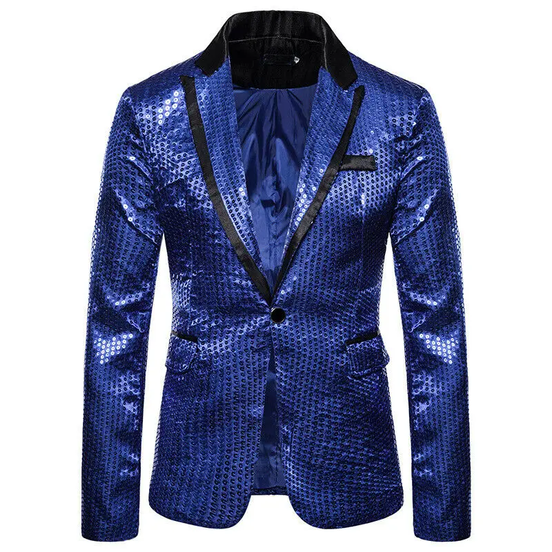 Новые мужские блейзеры для жениха, костюм, блестящий блейзер с отворотами, пальто, тонкая куртка мужская верхняя одежда для свадебной вечеринки, блейзер, большие размеры - Цвет: Синий