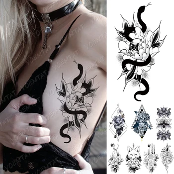 

Waterproof Temporary Tattoo Sticker Snake Flower Dark Lines Flash Tattoos Rose Moon Moth Body Art Arm Fake Sleeve Tatoo Women