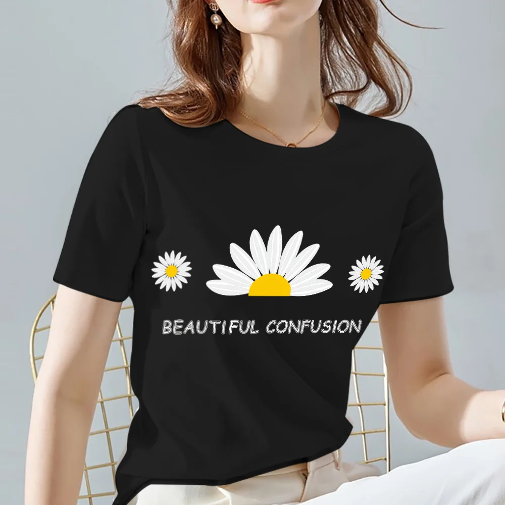 Women T-Shirt Vintage Daisy Flower Pattern Print Series Summer Black All-match O Neck Short Sleeve Tees Casual Tops XXS-3XL palm angels t shirt Tees