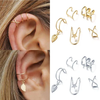 

5Pcs/Set Ear Cuff Gold Leaves Non-Piercing Ear Clips Fake Cartilage Earring Jewelry For Women Men